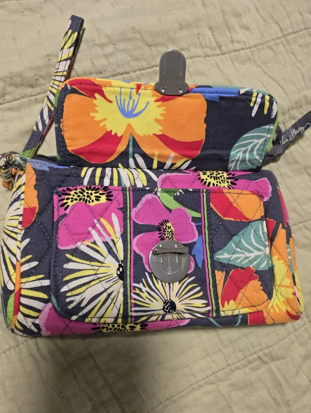 Vera Bradley Navy Quilted Floral Wristlet In Jazzy Blooms